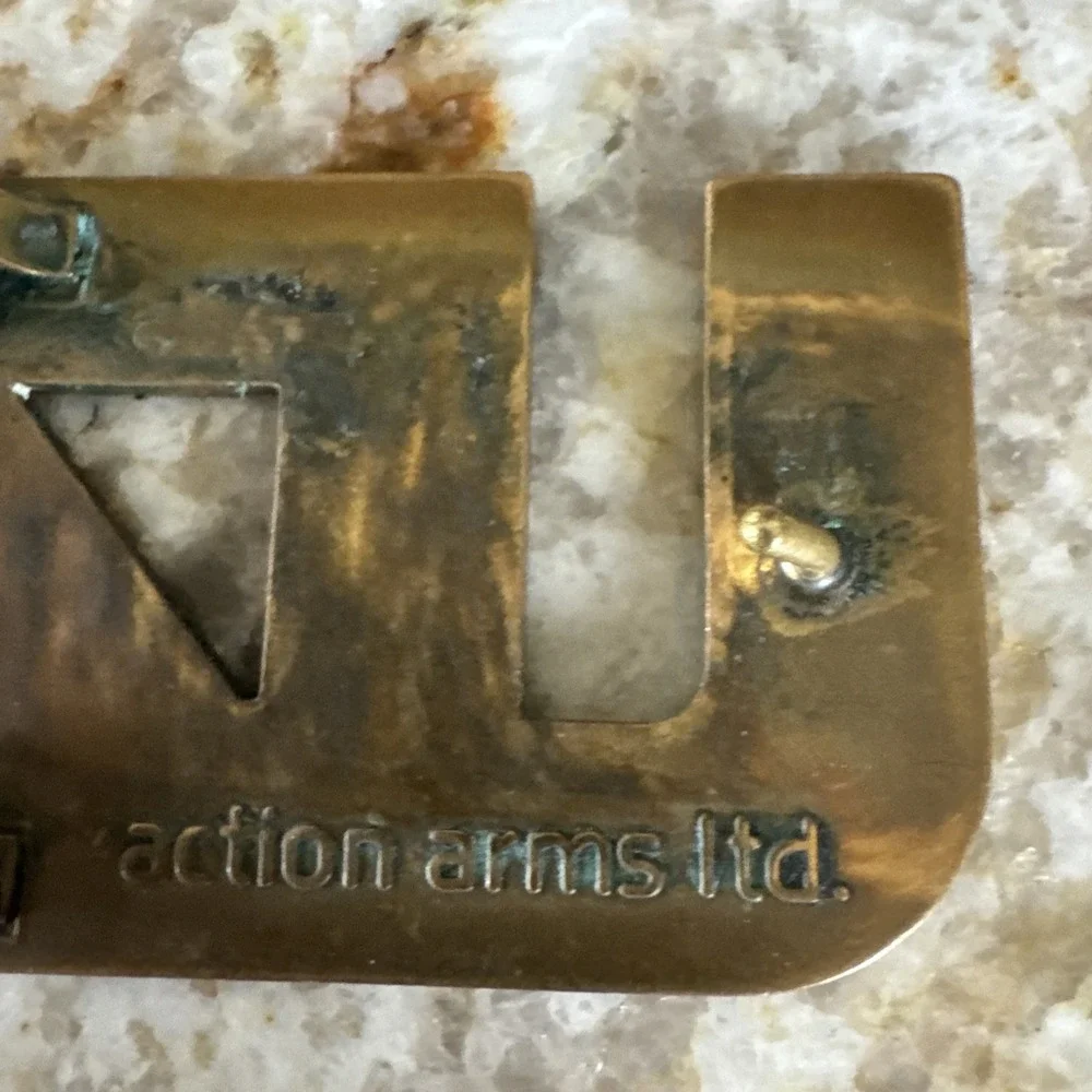 Solid Brass Action Arms Ltd. UZI Firearm Belt Buckle RARE 1970'S Great Condition